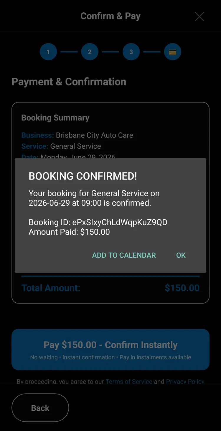 A confirmed booking in the customer app