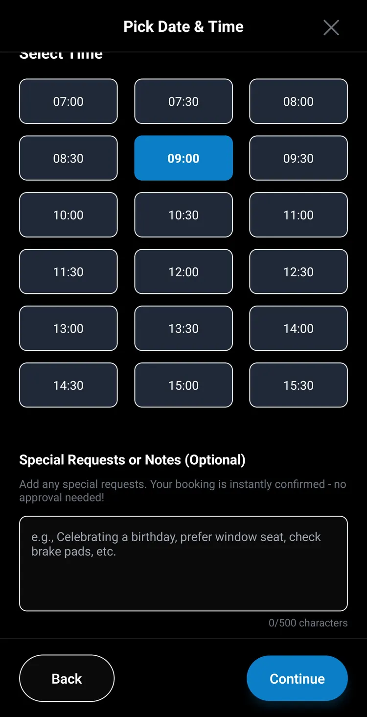 Choosing a booking time in the app