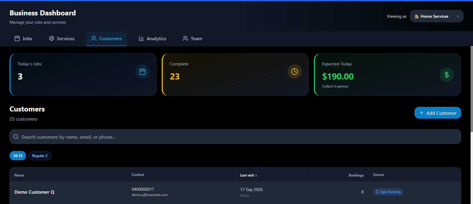 The customer database, built automatically from every booking