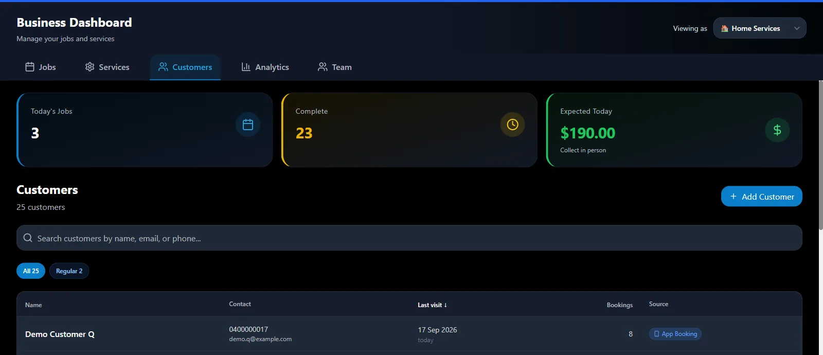 The customer database, built automatically from every booking