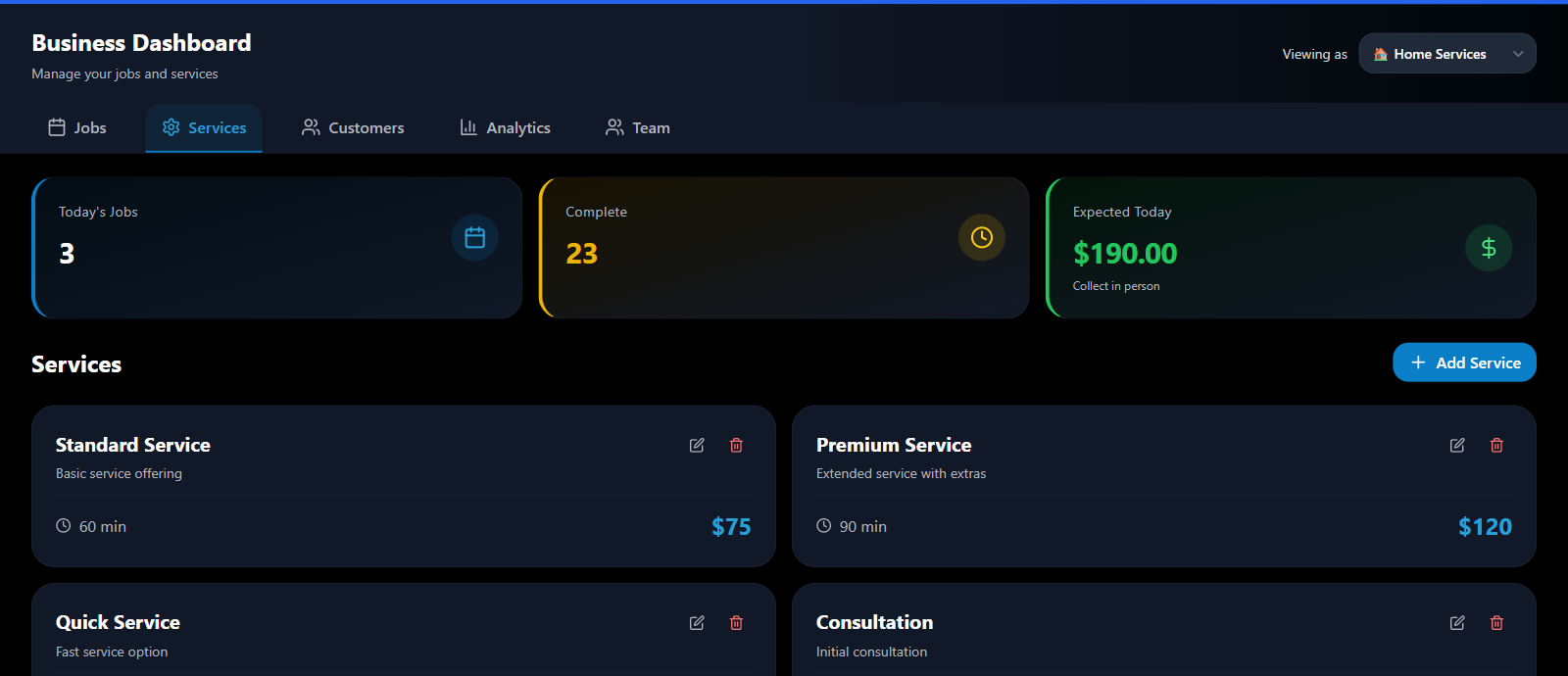Managing services and pricing in the 1Tapp dashboard